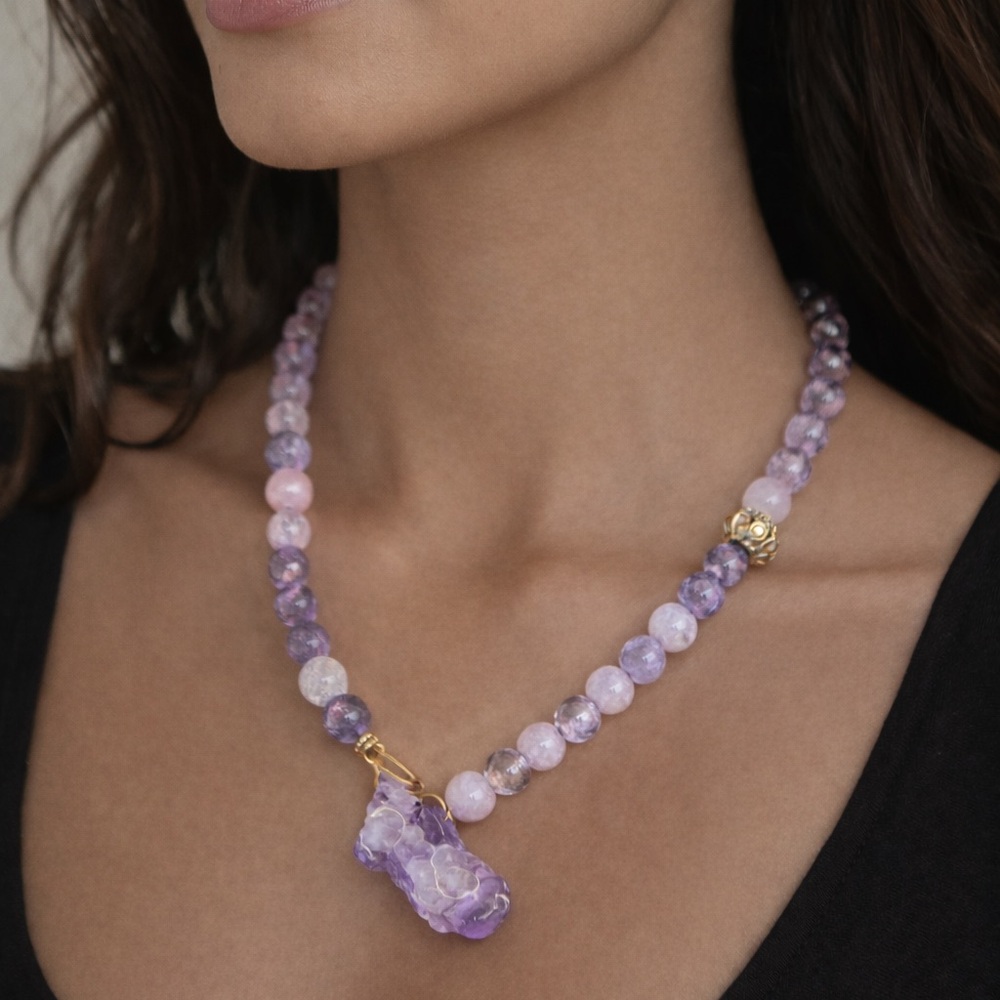 Amethyst and lavender glass necklace with gold tone accents